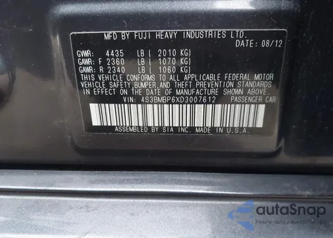 2013 Subaru Legacy 2.5I Limited from USA, damaged, VIN 4S3BMBP6XD3007612